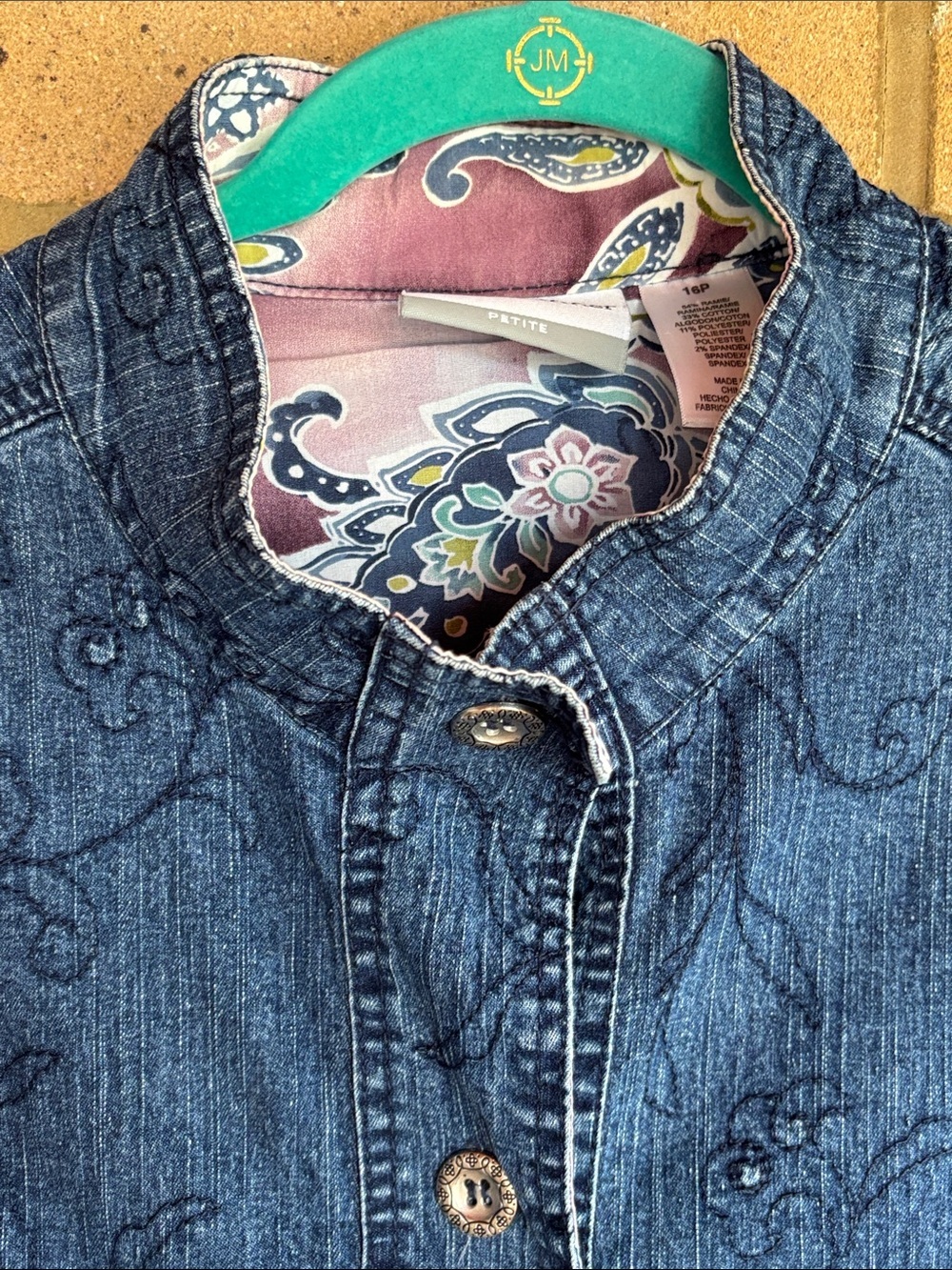 Alfred Dunner Embroidered Denim Jacket Mandarin Collar Paisley Trim 16P - Picture 5 of 8